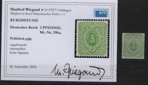 DR, Pfennig, ca. 1880, Mi.- Nr.: 39 ba, *, akt. K.- Befund Wiegand BPP: echt und einwandfrei! Selten!