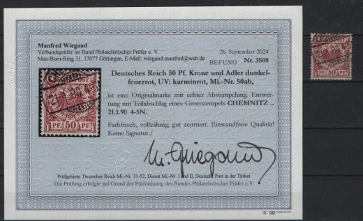 DR, Krone Adler, 1889, Mi.- Nr.: 50 ab, gestempelt, akt. Befund Wiegand BPP: e+e! Luxusstück!