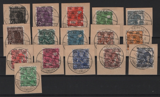 Berlin / Bizone, 1948, Mi.- Nrn.: 36II- 48II, A 49II, 50II- 51II, je Briefstück. Stempel Charlottenb. ..., je FB Schlegel BPP: e+e! Luxusqualität!