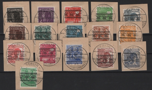 Berlin / Bizone, 1948, Mi.- Nrn.: 36I- 48I, A 49I, 50I- 51I, je Briefstück. Stempel Charlottenb. ..., je FB Schlegel BPP: e+e! Luxusqualität!