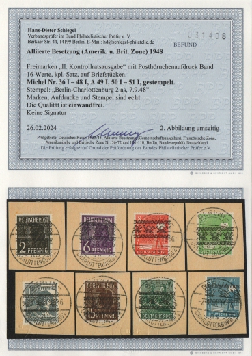 Berlin / Bizone, 1948, Mi.- Nrn.: 36I- 48I, A 49I, 50I- 51I, je Briefstück. Stempel Charlottenb. ..., je FB Schlegel BPP: e+e! Luxusqualität!