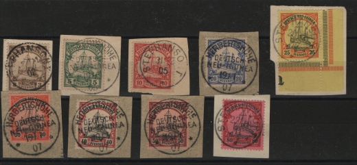 Dt. Kolonien, DNG, 1900, Mi.- Nr.: 7- 15, gestempelt, je auf Briefstück! Je signiert! Selten!