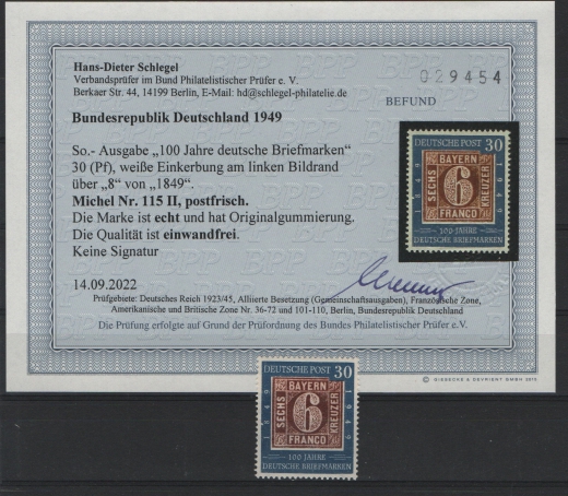 BRD, 1949, Mi.- Nr.: 115 PF II, **! Akt. Befund Schlegel BPP; echt + einwandfrei! Luxusstück, selten!