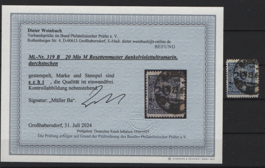 DR, Infla, 1923, Mi.- Nr.: 319 B, gestempelt, akt. Befund Weinbuch BPP: e+e! Qualitätsstück!