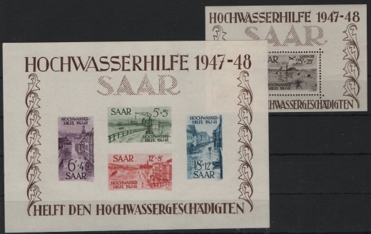 Saarland, 1948, Mi.- Nrn.: Bl. 1 + 2, **! Das Hochwasser- Blockpaar, je tiefstgeprüft BPP! Qualitätssatz!