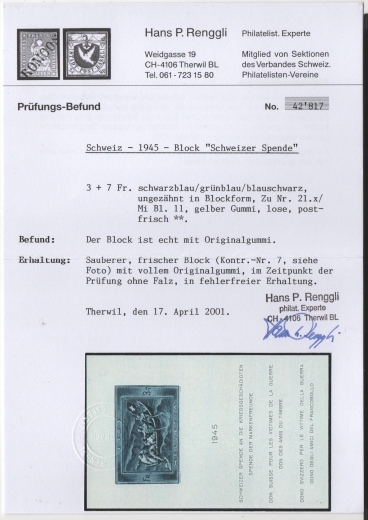 Schweiz, 1945, Mi.- Nr.: Bl. 11, **, Foto- Befund Renggli: e+e! Qualitätsstück! Selten!