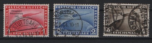 III. Reich, 1933, Mi.- Nr.: 496- 98, Der Chikagofahrt- Satz, gestempelt, je tief(st)gepüft Schlegel BPP! Sehr selten!