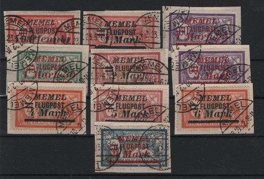 Memelgebiet, 1922, Mi.- Nrn.: 98- 107, Flugpostausgabe, je auf kl. Briefstücken, selten!