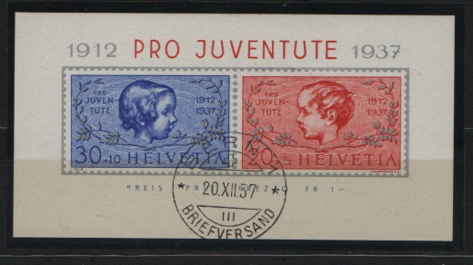 Schweiz, 1937, Mi.- Nr.: Bl. 3, gestempelt! Qualitätsstück! Selten!