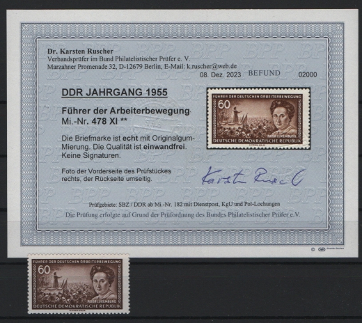 DDR, 1955, Mi.- Nr.: 478 XI, **, aktueller Befund Dr. Ruscher BPP: echt + einwandfrei! Selten!