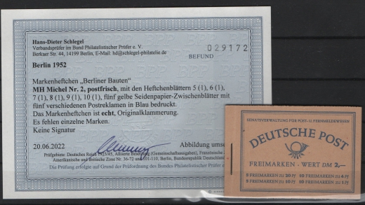 Berlin, 1952, MH´s, Mi.- Nr.: 2, **, nicht ganz komplett (Einzelmarken fehlen), akt. Befund Schlegel BPP: e + ....! Selten