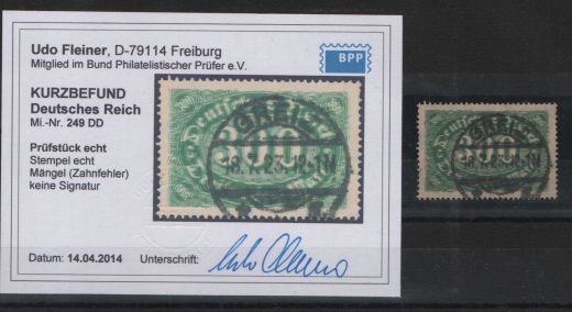 DR, Infla, 1923, Mi.- Nr.: 249 DD, gestempelt, K- Befund Fleiner BPP: e+ ...! Kabinett- / Bedarfsstück!