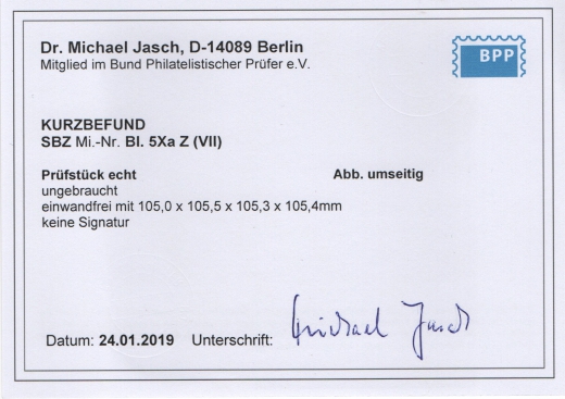 SBZ, West- Sachsen, 1946, Mi.- Nr.: Bl. 5 Xa Z, *, K.- Befund Dr. Jasch BPP: echt + ...! Kabinettstück! Selten!