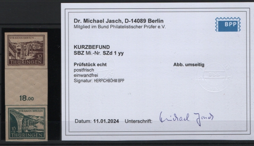 Thüringen, 1946, SZd Mi.- Nr.: 1 yy, **, mit akt. KB Dr. Jasch BPP, echt und einwandfrei!