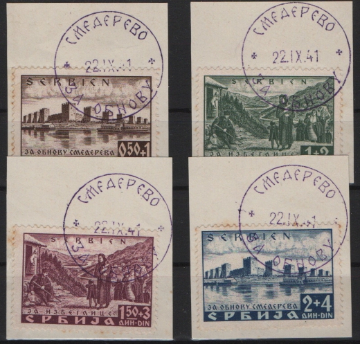 III. Reich, Dt. Bes. II. WK, Serbien, 1941, Mi.- Nrn.: 46A- 49A, gestempelt (Ersttag), je auf Briefstück, Kabinettstücke!