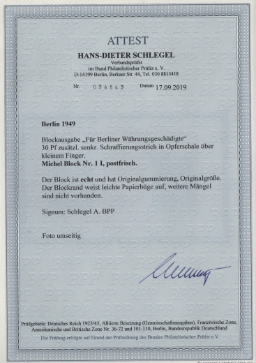 Berlin, 1949, Mi.- Nr.: Bl. 1 I, **, mit Fotoattest Schlegel BPP! e+ ....! Kabinettstück!