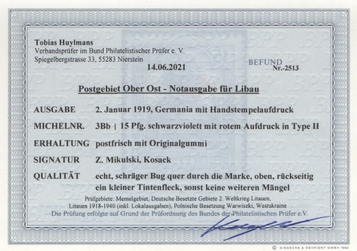Dt. Bes. I. WK., Postgebiet Oberbefh. Ost, Notausgabe Libau, Mi.- Nr.: 3 B b, **, Befund Huylmans, Kabinettstück! Sehr selten!