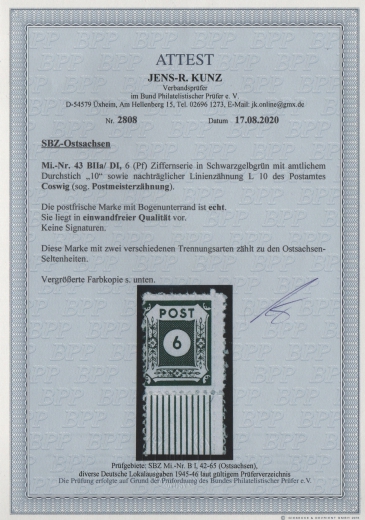 Ost- Sachsen, 1945, Mi.- Nr.: 43 BIIa / DI vom Ur, **, Fotoattest Kunz BPP: echt + einwandfrei! Luxusstück!