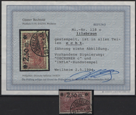 DR, Infla, 1920, Mi.- Nr.: 118 c (!), gestempelt, Befund Bechtold BPP: e+ ... / geprüft Dr. Oechsner BPP! Gutes Bedarfsstück! RR!!