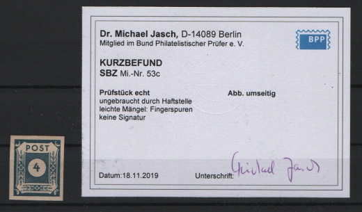 SBZ, Ost- Sachsen, 1945, Mi.- Nr.: 53 c, **, Befund Dr. Jasch BPP echt + ...! Kabinettstück, selten!