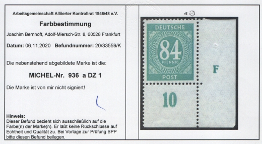 Allierte Besetzung / Kontrollrat, 1946, Mi.- Nr.: 936 a DZ 1, **, Farbbefund Bernhöft ARGE! Kabinettstück!