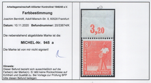 Allierte Besetzung / Kontrollrat, 1947, Mi.- Nr.: 945 a POR ndgz, **, Farbbefund Bernhöft ARGE! Qualitätsstück!