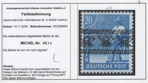 Bizone, 1948, Mi.- Nr.: 43 I c, **, Farbbefund Bernhöft ARGE! Luxusstück!