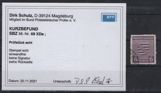 SBZ, Provinz Sachsen, 1945, Mi.- Nr.: 69 DXa, gestempelt, K.- Befund Kunz BPP: echt und einwandfrei! Qualitätsstück!