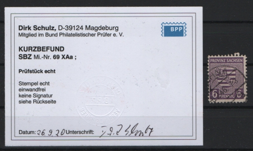 SBZ, Provinz Sachsen, 1945, Mi.- Nr.: 69 AXa, gestempelt, K.- Befund Kunz BPP: echt und einwandfrei! Qualitätsstück!