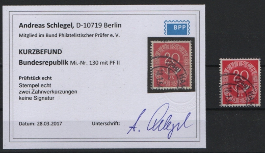 BRD, 1951, Mi.- Nrn.: 130 PF II, gestempelt! Befund Schlegel BPP; echt +...! Gutes Bedarfsstück, selten!