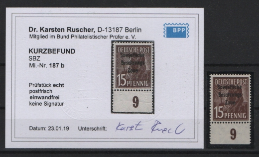 SBZ, Allgemeine Ausgaben, 1948, Mi.- Nr.: 187 Ur,  b, **, Kurzbefund Dr. Ruscher BPP, echt und einwandfrei!