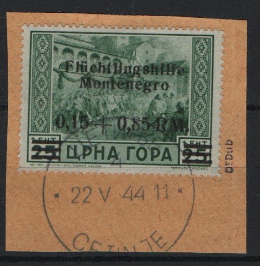 III. Reich, Dt. Bes. II. WK, Montenegro, 1944, Mi.- Nr.: 22, gestempel, auf Briefstück, geprüft / signiert Dr. Dub!