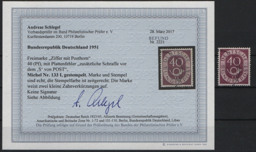 BRD, 1951, Mi.- Nrn.: 133 PF I, gestempelt! Befund Schlegel BPP; echt +...! Gutes Bedarfsstück, selten!