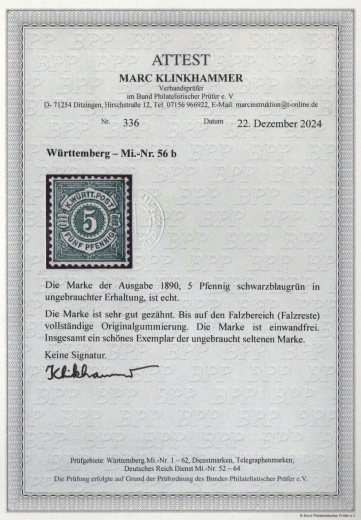 Württemberg, 1890, Mi.- Nr.: 56 b, *, akt. Fotoattest Klinkhammer BPP: e + e! Luxusstück, sehr selten!