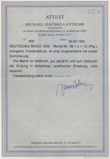 DR, Germania Friedensdruck, 1914 Mi.- Nr.: 86 I d, **, mit FA Jäschke- L. BPP: e+e! Luxusstück! Selten!