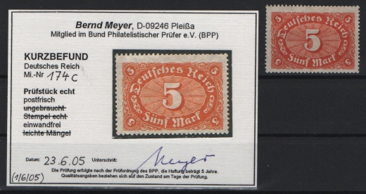 DR, Infla, 1921, Mi.- Nr.: 174 c, **, K.- Befund Meyer BPP: e+e! Luxusstück! Selten!