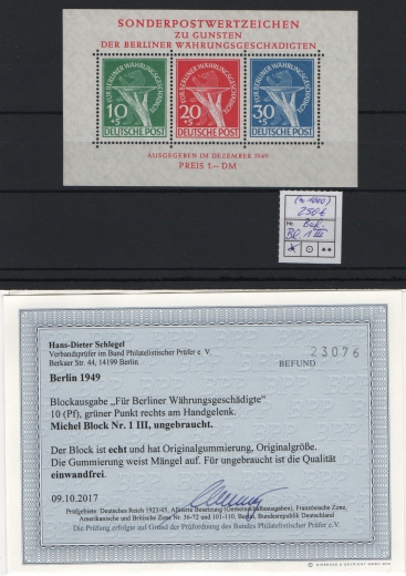 Berlin, 1949, Mi.- Nr.: Bl. 1 PlF III, *, mit akt. Fotobefund Schlegel BPP! e+e! Luxusstück!