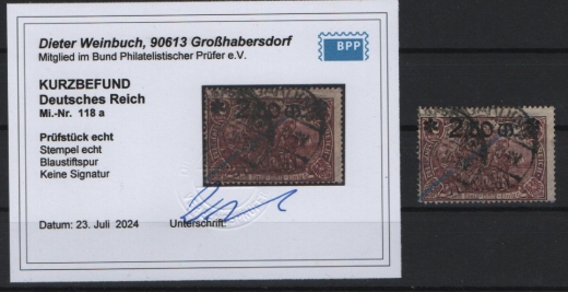 DR, Infla, 1920, Mi.- Nr.: 118 a, gestempelt, akt. K.- Befund Weinnbuch BPP:  e+ ...! Gutes Bedarfsstück! Selten!