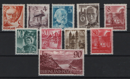FRZ, Rheinland- Pfalz, 1948 / 49, Mi.- Nrn.: 32- 41, **, (Mi.- Nr.: 36 tiefstgeprüft Schlegel BPP!) Qualitätssatz!