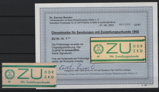 DDR, 1965, ZKD D, Mi.- Nr.: ZU 1, **, aktueller Befund Dr. Ruscher BPP: echt+ einwandfrei! Luxusstück! Selten!