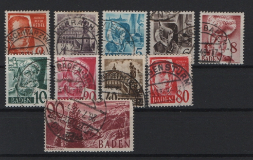 FRZ- Baden, 1948 / 49, Mi.- Nrn.: 28- 37, gestempelt, Kabinettsatz!