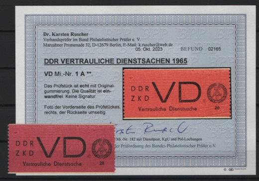 DDR, 1965, ZKD D, Mi.- Nr.: 1A, **, aktueller Befund Dr. Ruscher BPP: echt+ einwandfrei! Luxusstück! Selten!
