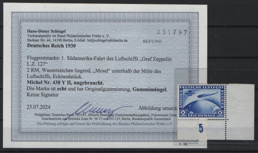 DR / Weimar, 1930, Mi.- Nr.: 438 Y Plf.: II,  2 Mk. Süd- Amerikafahrt, *, mit Er! Akt. Befund Schlegel / FA Dr. Oechsner BPP! Sehr selten!