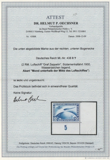 DR / Weimar, 1930, Mi.- Nr.: 438 Y Plf.: II,  2 Mk. Süd- Amerikafahrt, *, mit Er! Akt. Befund Schlegel / FA Dr. Oechsner BPP! Sehr selten!