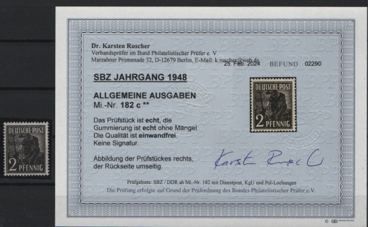 SBZ, Allgemeine Ausgaben, 1948, Mi.- Nr.: 182 c, **, Kurzbefund Dr. Ruscher BPP, echt und einwandfrei! Luxusstück!