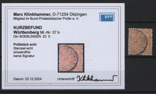 Württemberg, 1890, Mi.- Nr.: 57 b, gestempelt, akt. KB- Klinkhammer BPP: e + e! Qualitätsstück, sehr selten!