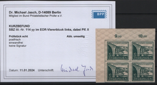 Thüringen, 1946, Mi.- Nr.: 114 yy (4x, + Plf II!), **, akt. Kurz- Befund Dr. Jasch BPP: echt + einwandfrei, Luxusstück!