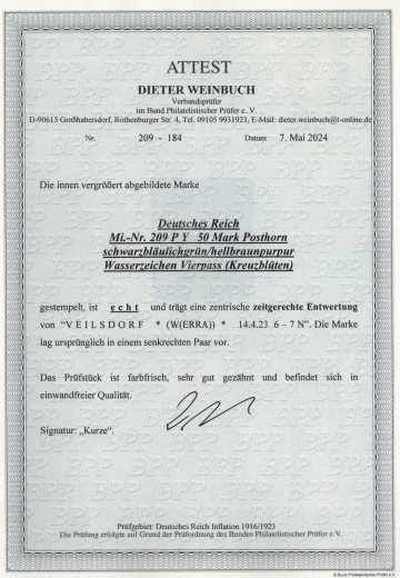 DR, Infla, 1922, Mi.- Nr.: 209 P Y, gestempeltes Luxusstück, aktuelles Fotoattest Weinbuch BPP: echt und einwandfrei!