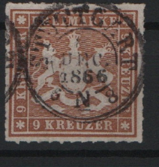 Württemberg, 1866, Mi.- Nr.: 33 a, gestempelt! Qualitätsstück, selten!