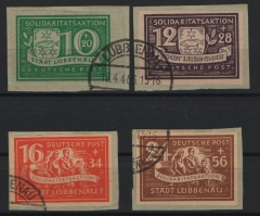 D. - OST, Lokalausgaben, Lübbenau, 1946, Mi.- Nrn.: 9 B- 12 B, je gestempelt, auf kl. Briefstück! Selten!